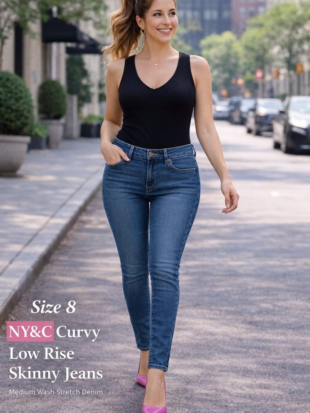 NY&C Curvy Low Rise Skinny Jeans Size 8 Medium Wash Blue Stretch Denim